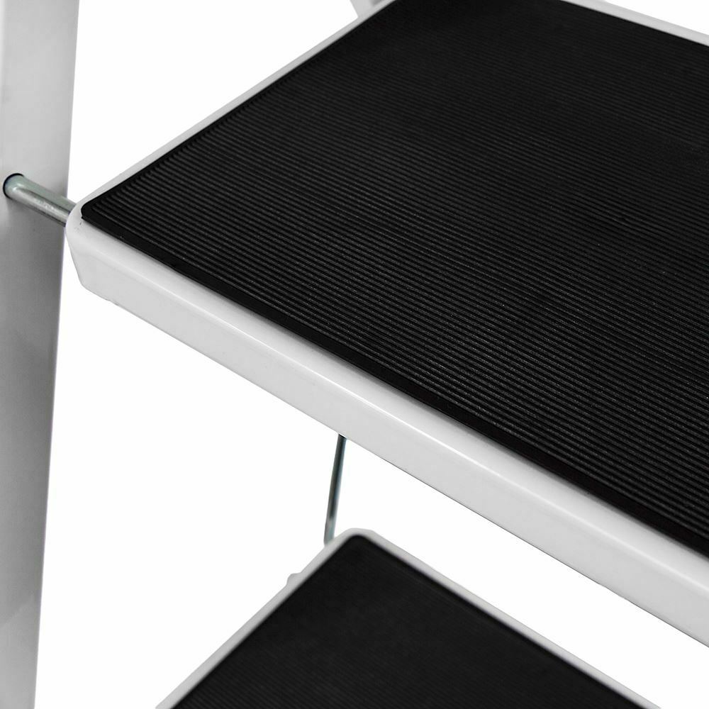 3 Step Ladder Folding Iron Stool Safe Anti-Slip Tread Mat White Black DIY