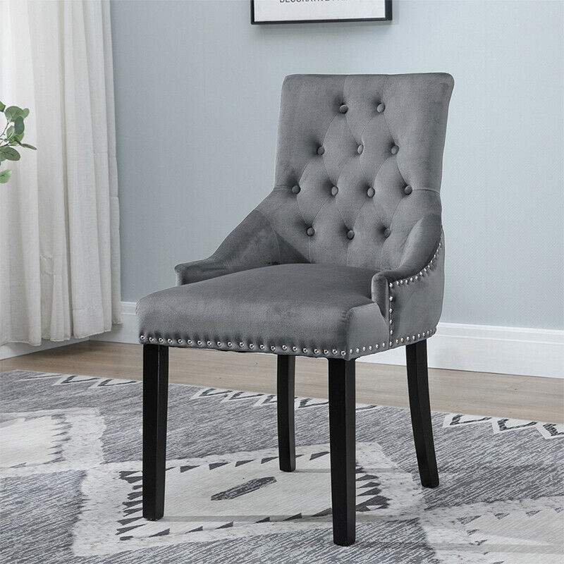 2x Accent Dining Chairs Grey Button Tufted Velvet with Rivets Knocker Chairs New