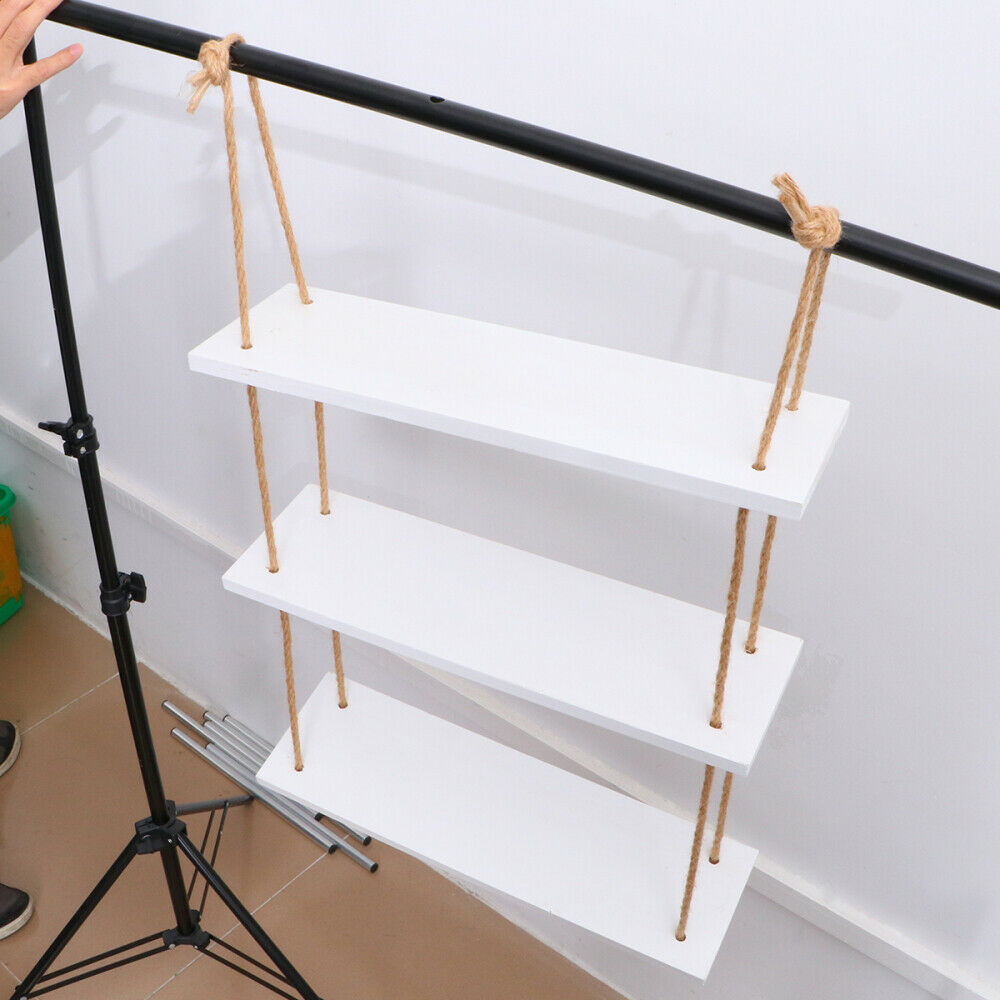 3 Tiers Rustic Wooden Wall Hanging Rope Shelf Mounted Floating Storage Unit Home