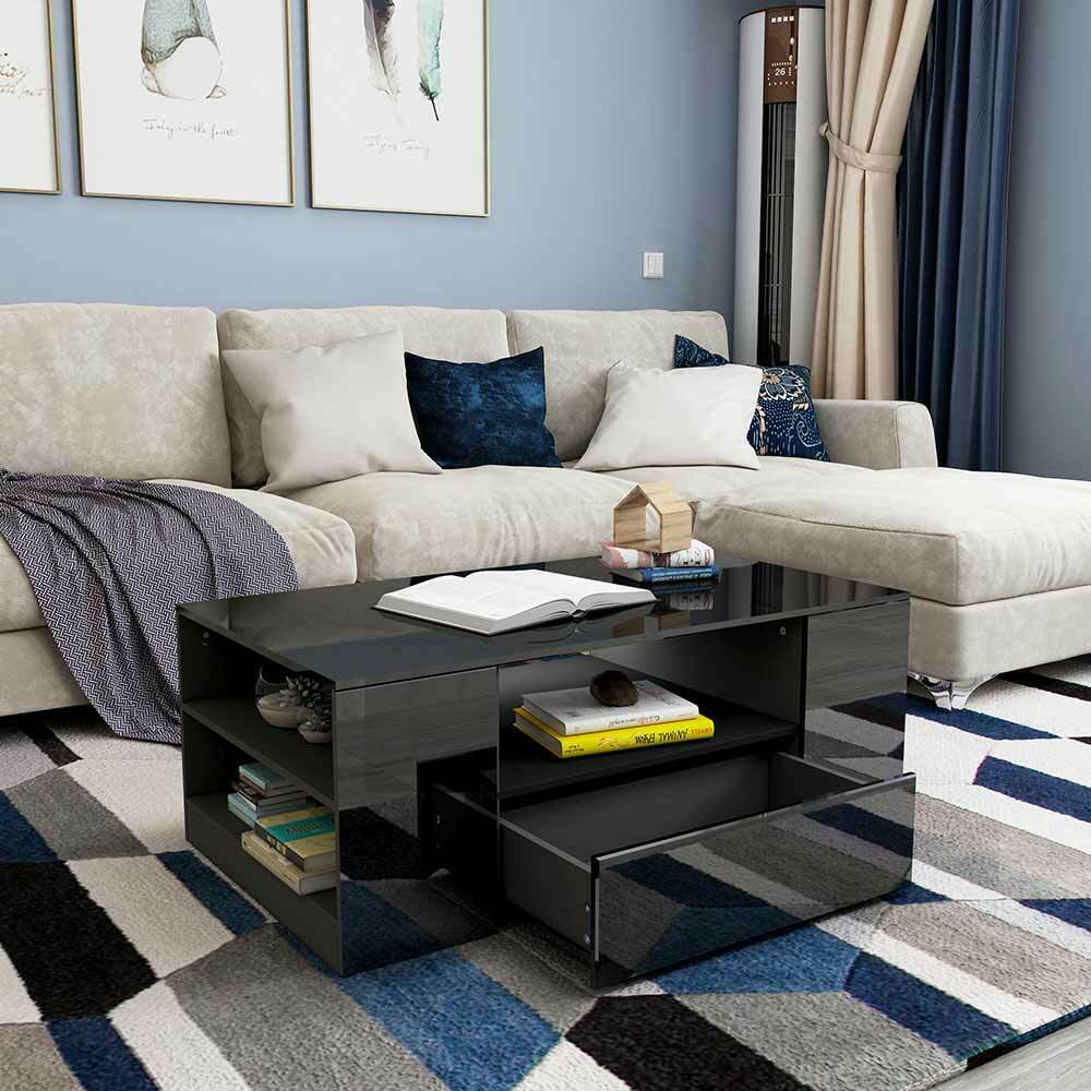 Modern High Gloss Coffee Table With Storage Drawers RGB LED Living Room Wooden