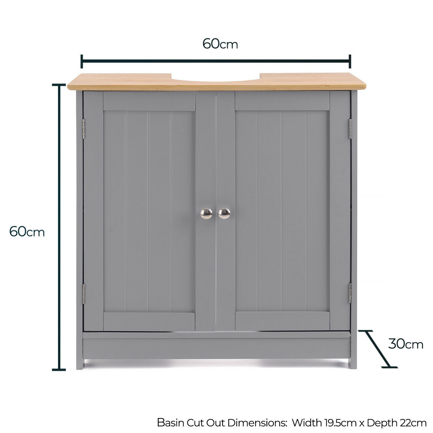 Bathroom Under Sink Cabinet Grey Bamboo Wooden Storage Cupboard Unit