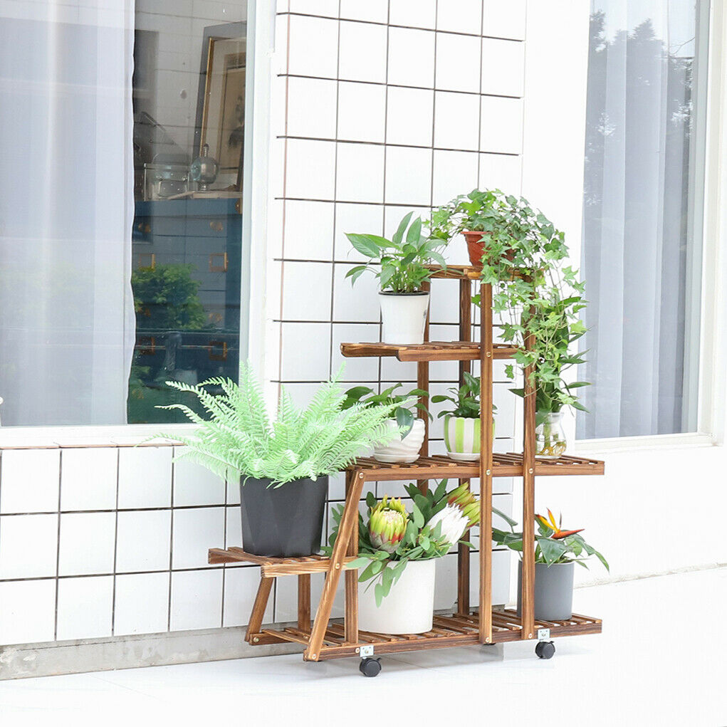 Pinewood Solid Plant Stand Shelf MULTI TIER Flower Pots Storage Display Wheeled