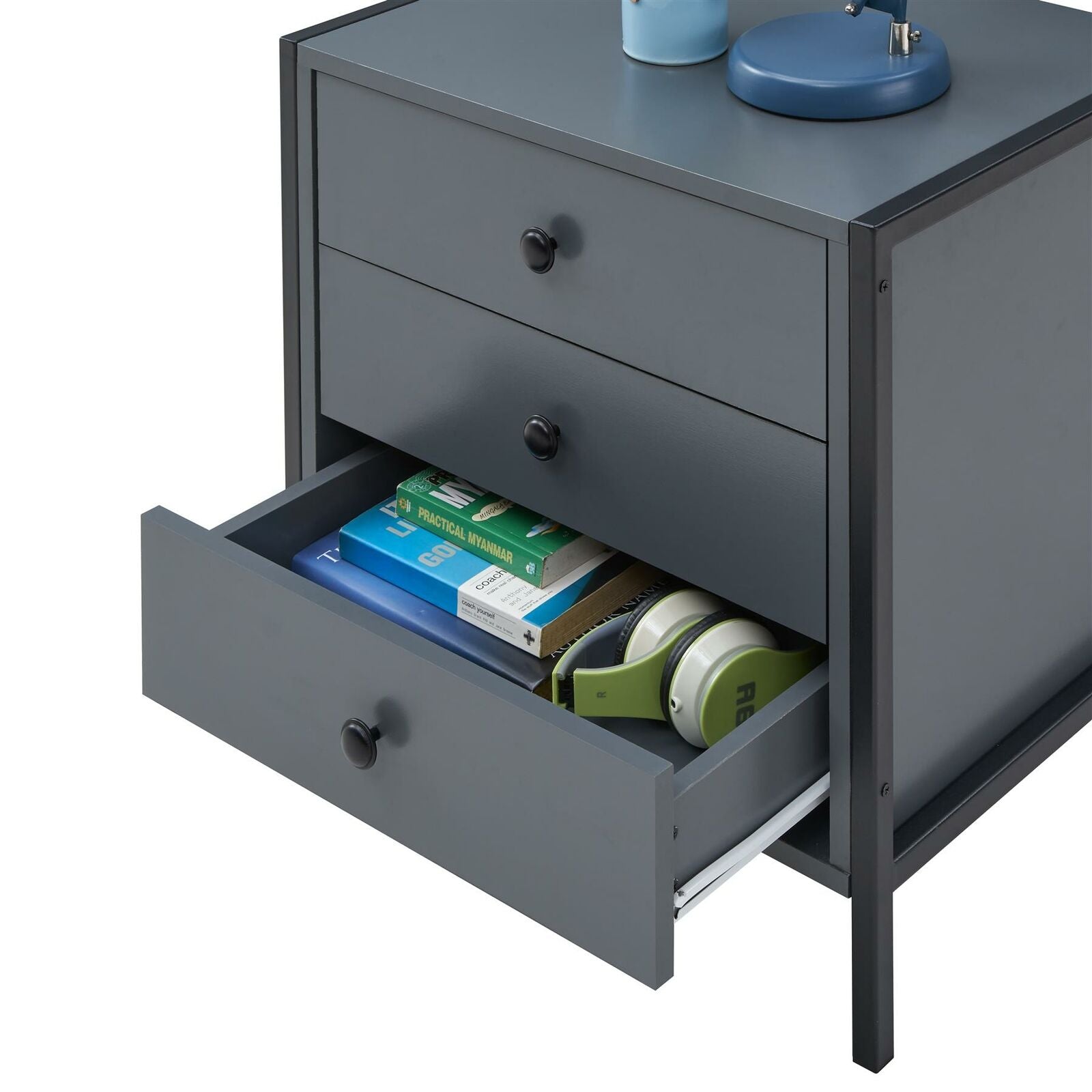 Bedside Table Cabinet Bedroom Furniture Nightstand 3 Drawer Dark Grey
