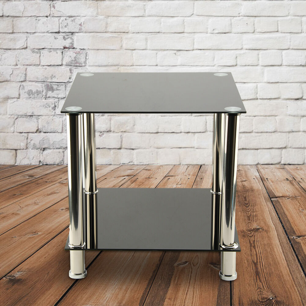 Black 2 Tiers Glass & Stainless Steel Small Display Stand Side Lamp Coffee Table