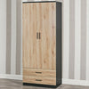 Tall Wooden 2 Door Wardrobe With 2 Drawers Bedroom Storage Hanging Bar Clothes