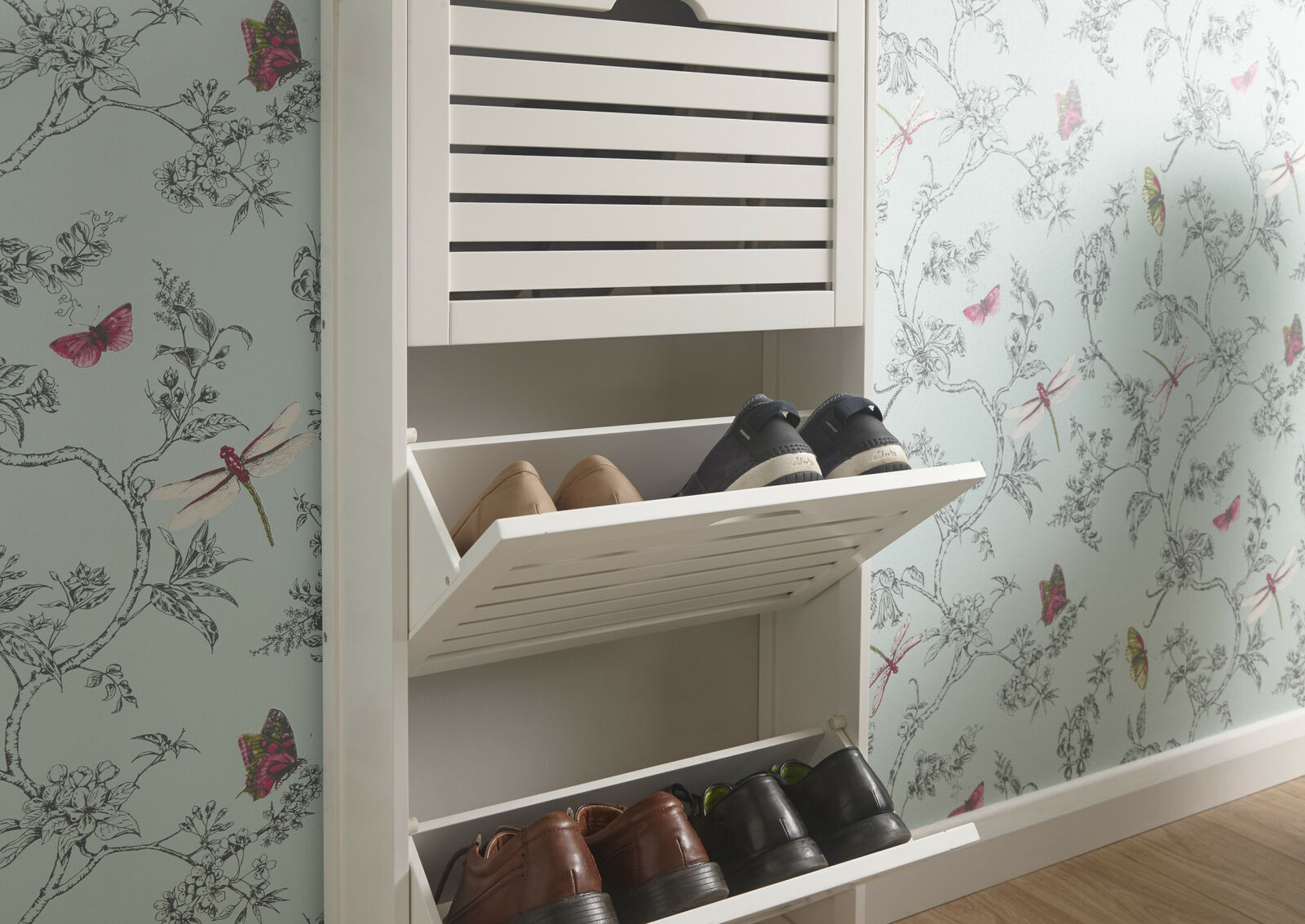 Shoe Storage Cabinet 3 Tier Grey Slatted Cupboard Doors Scandanavian Style