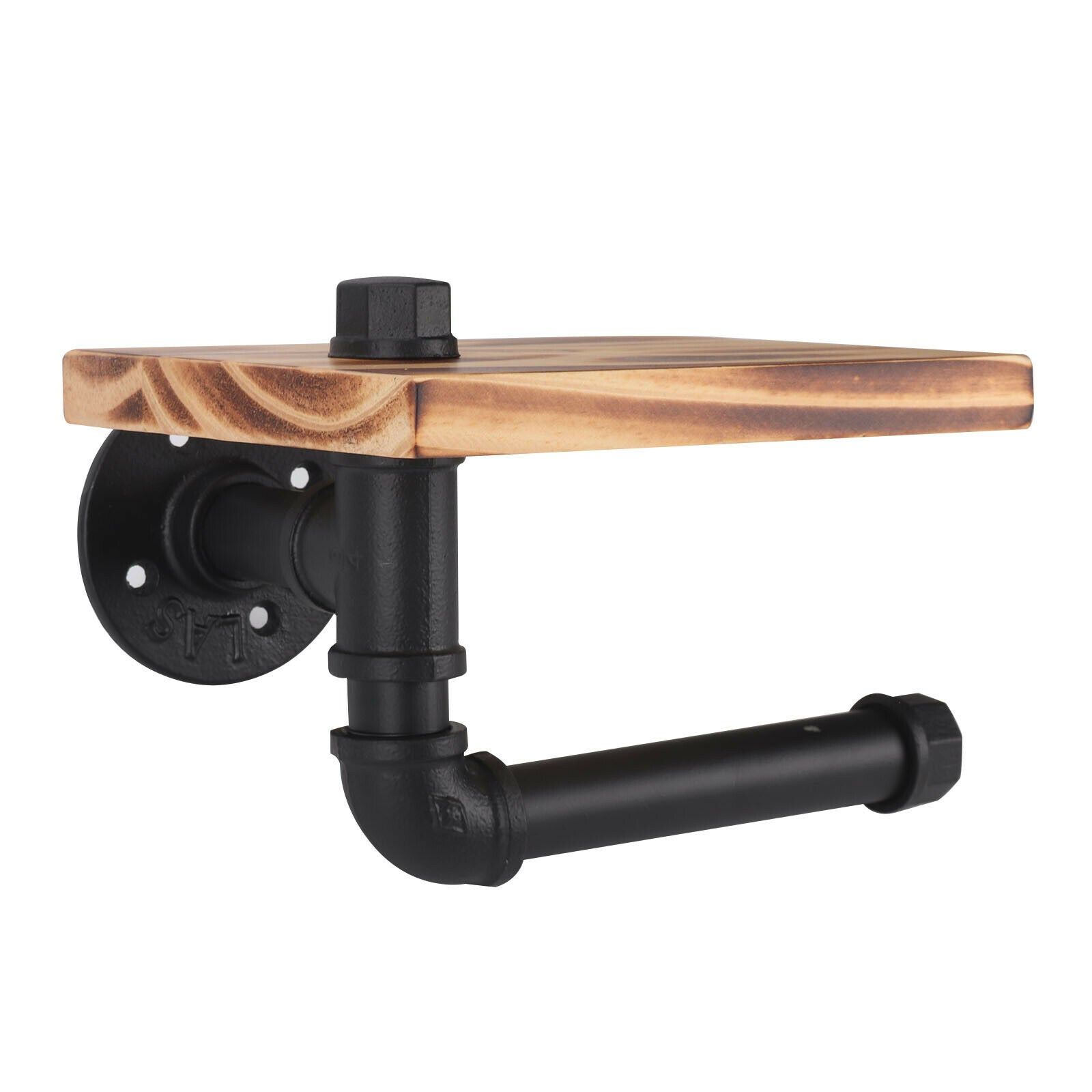 Modern Urban Style Iron Pipe Toilet Paper Holder Roller With Wood Shelf Wall