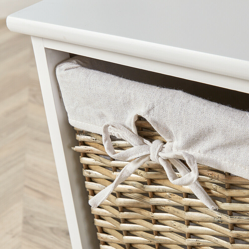 White Wooden 2 Drawer Chest Storage Unit Willow Wicker Baskets Organiser Hallway