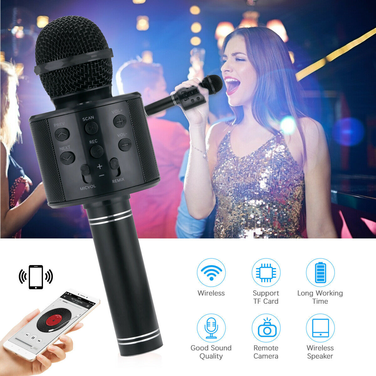 Wireless Bluetooth Karaoke Microphone Speaker Handheld KTV Player