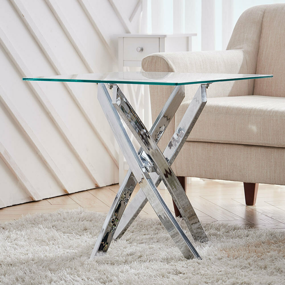 Square Glass Side End Table Small Coffee Table Lamp Stand Chrome Leg Furniture