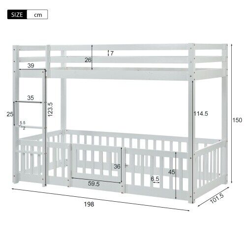 3ft Bunk Beds Cabin Wood Bed Frame Kids Children Sleeper with Fences & Ladder HT