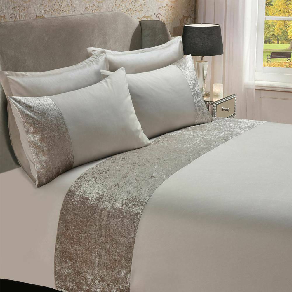 Modern Crushed Velvet Panel Duvet Cover with Pillow Case Bedding Set Silver Grey