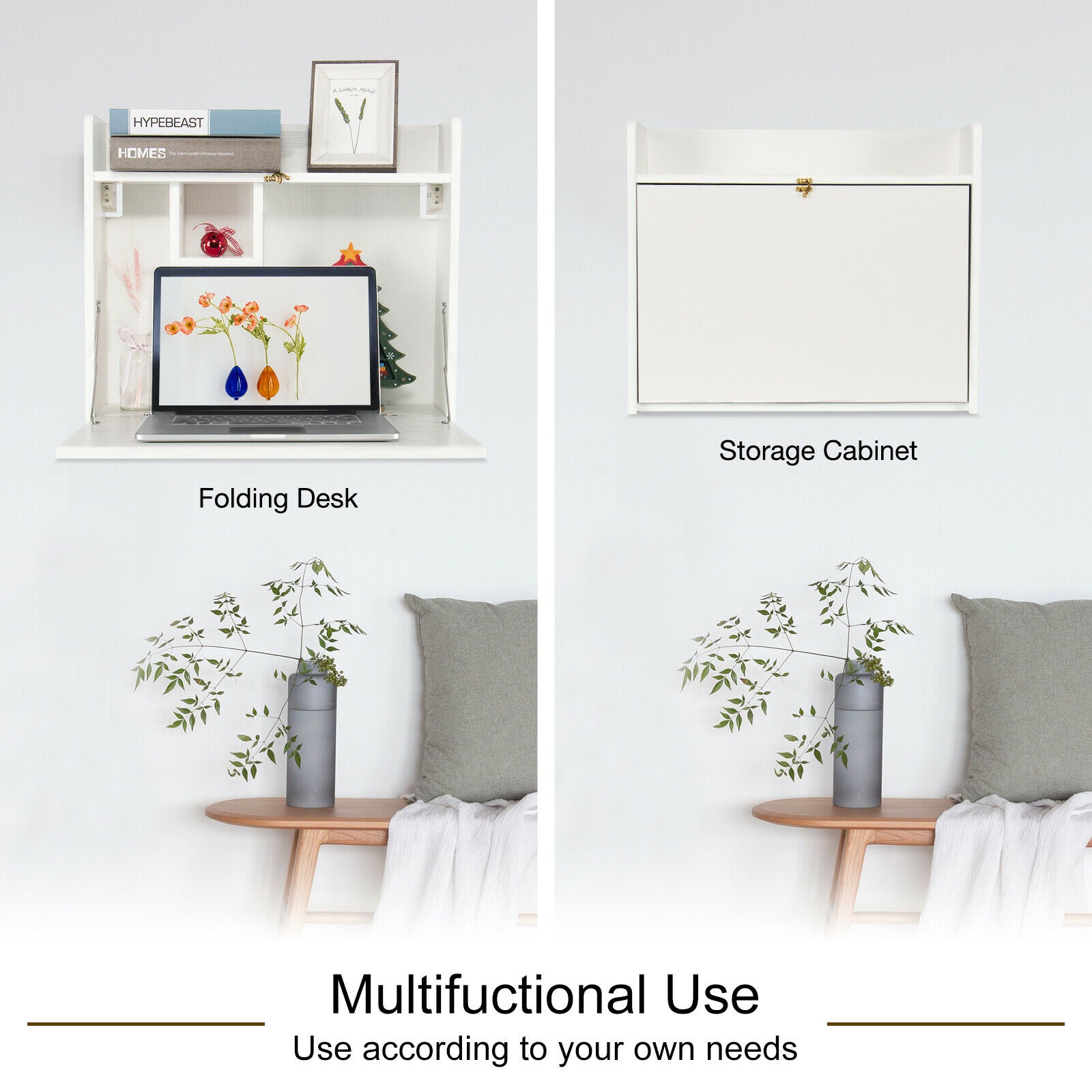 Wall-Mounted Folding Table Laptop Computer Desk with Shelves Cabinet Home Study