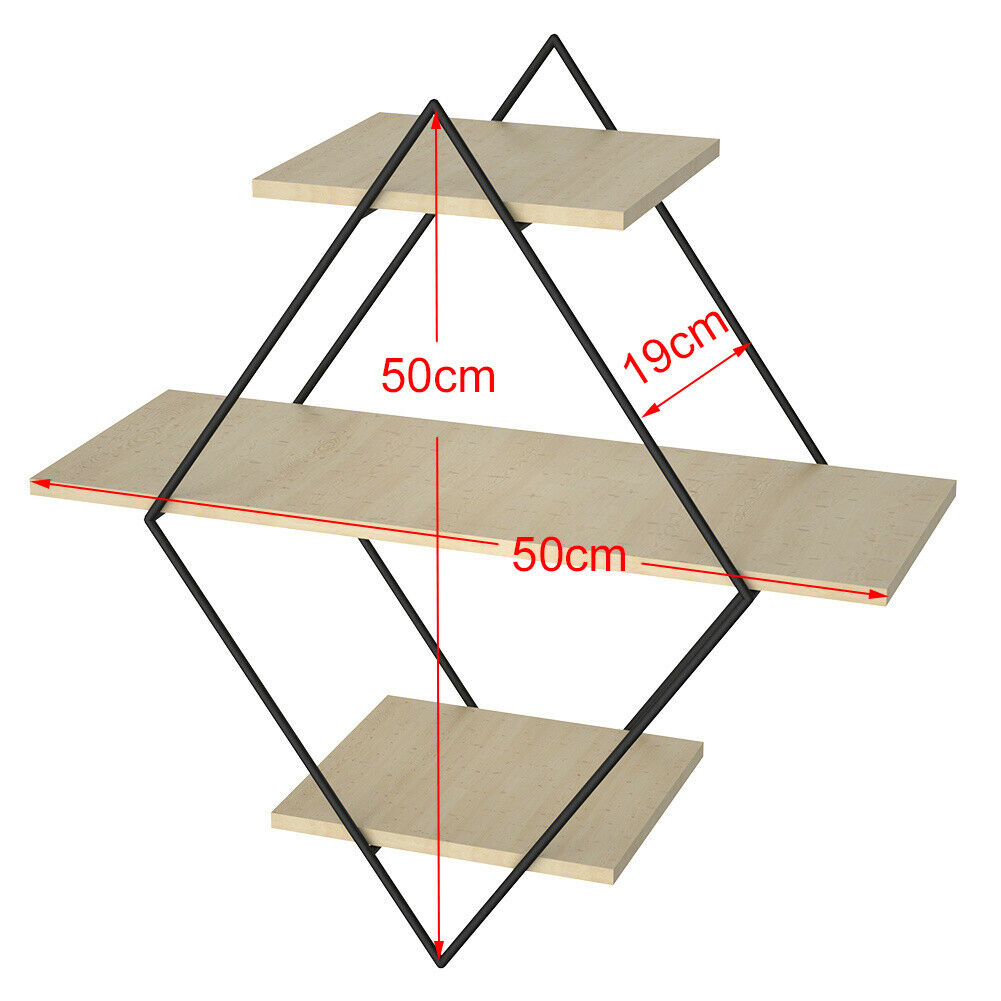 3 Tier Metal Wood Wall Mounted Shelf Home Office Diamond Display Shelving Rack
