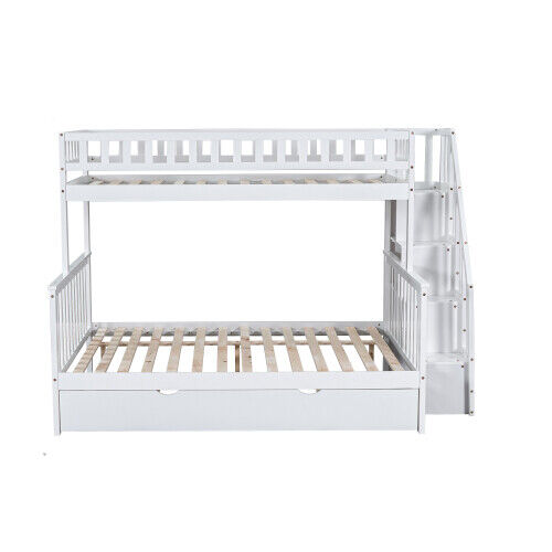 3ft & 4ft6 Kids Wooden Bunk Beds with Stairs and Pull Out Trundle Bed Frame HT