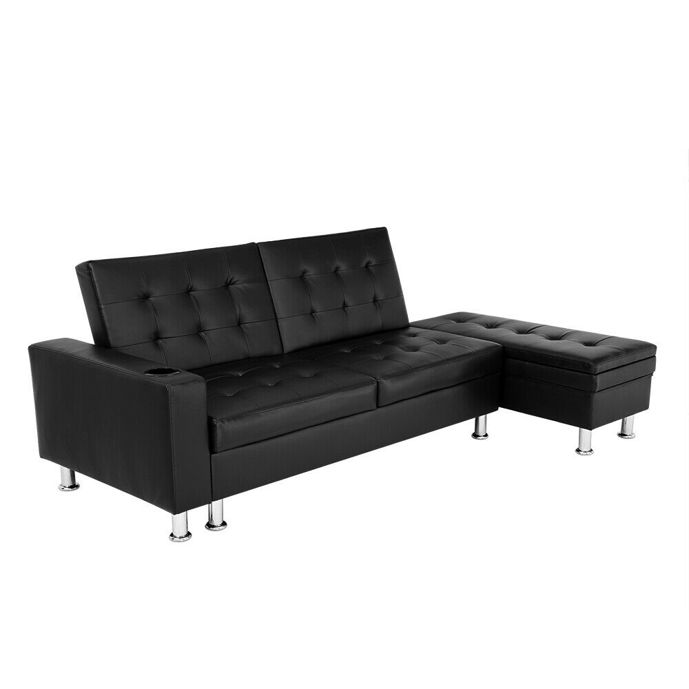 3 Seater L-Shaped Black Faux Leather Sofa Bed w Ottoman & Cup Holder Recliner