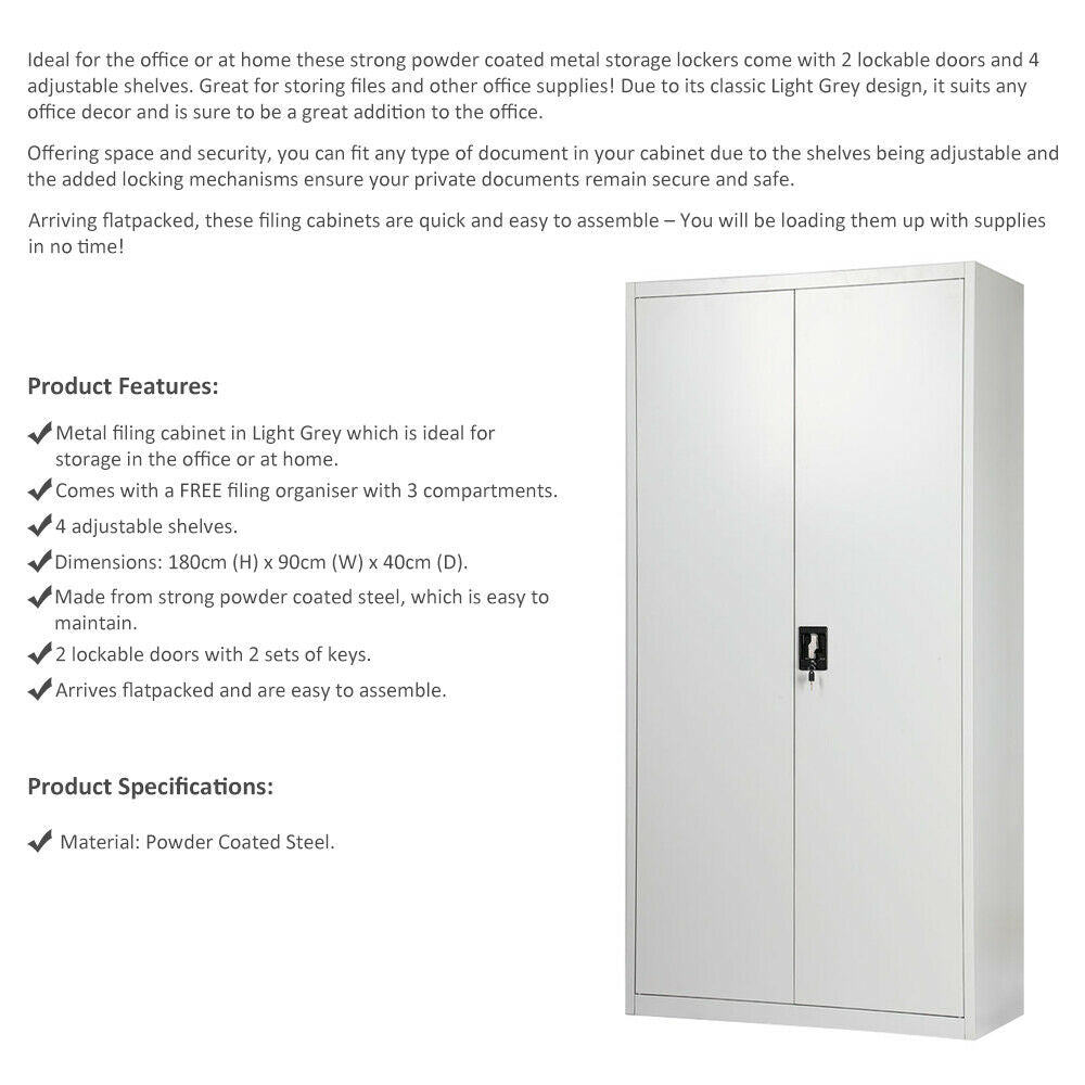 180cm Office Storage Lockable Cupboard Filing Cabinet Steel Metal Light Grey Key
