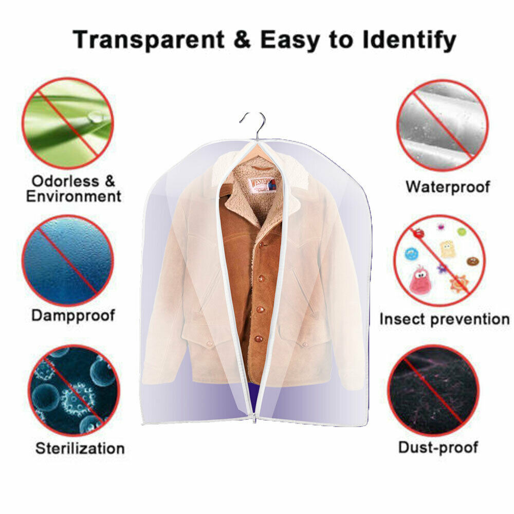 6x Polythene Clear Garment Covers Dress Suit Coat Protector Dustproof Zip Bag UK
