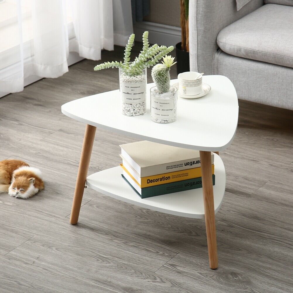2 Tier Triangle Coffee Table with Solid Wood Legs Living Room Furniture Modern