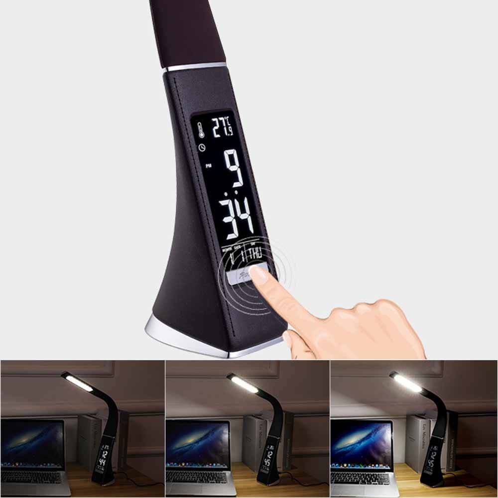 LED Dimmable Reading Bedside Lamp Table Desk Light Calendar Clock Touch
