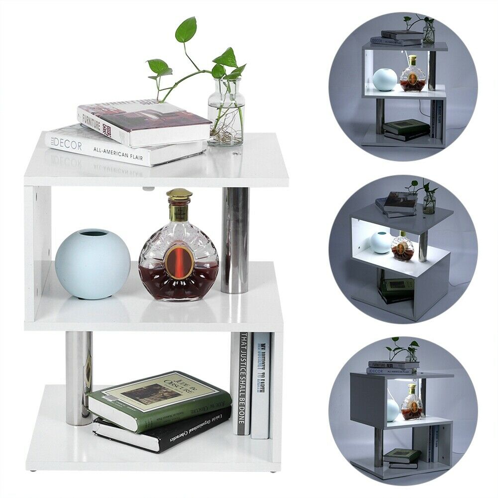 White Coffee Table Bedside Side Table 2 Shelves Storage Nightstand Furniture LED