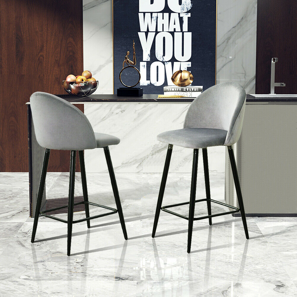 2× Grey Kitchen Breakfast Bar Stools Velvet Padded Seat Metal Legs Modern Pub