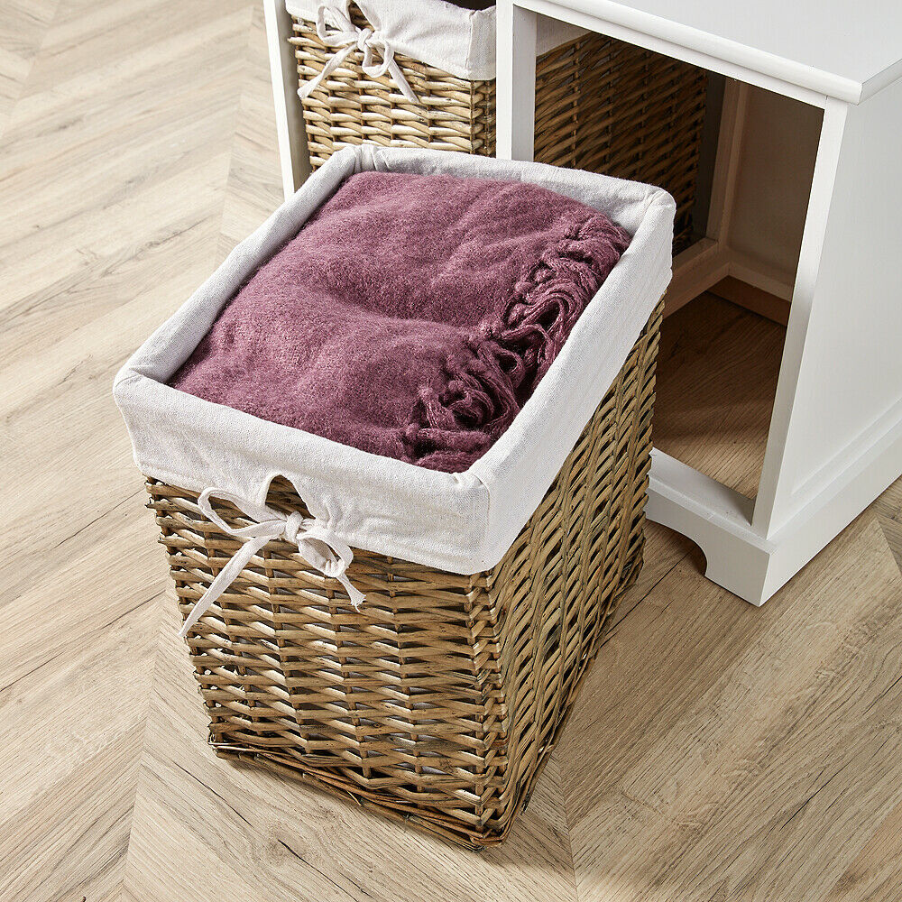 White Wooden 2 Drawer Chest Storage Unit Willow Wicker Baskets Organiser Hallway