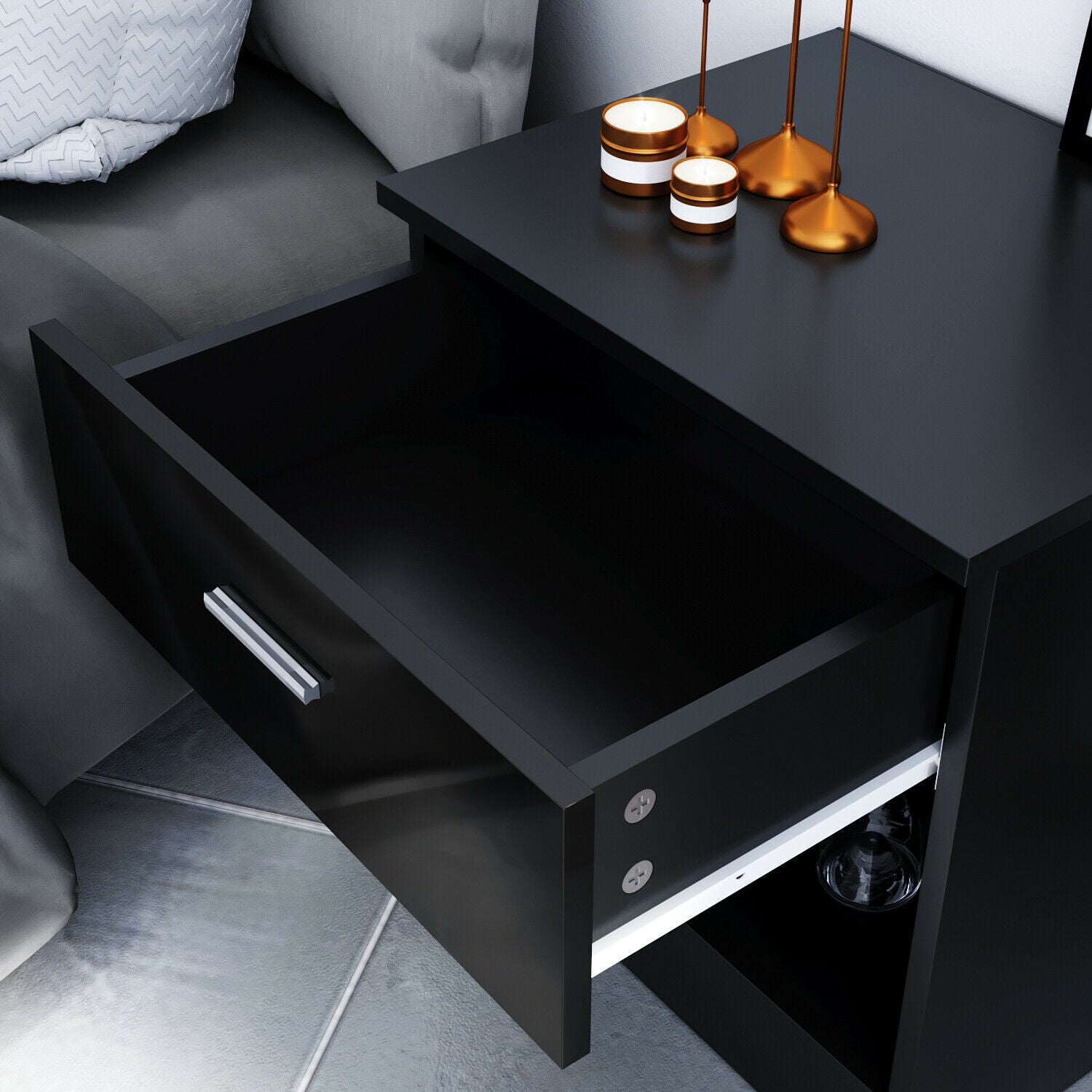 High Gloss Black Bedside Table Cabinet Storage with Drawer Bedroom Furniture UK