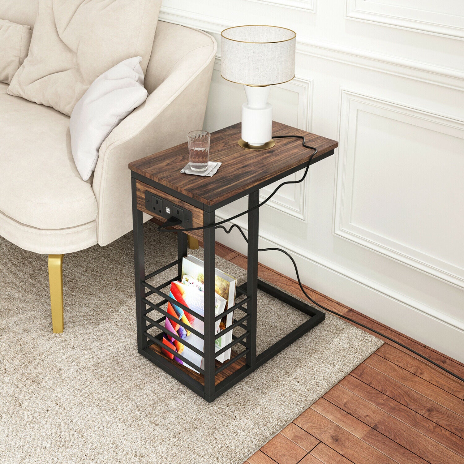 C Shaped Sofa Side End Coffee Laptop Table w/ USB Ports Socket for Any Rooms New