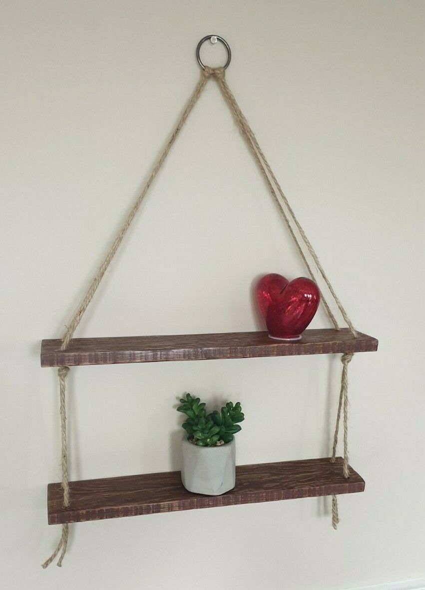 Rustic Vintage Shelves Handmade Wooden Natural Wood Floating Hanging Rope Shelf