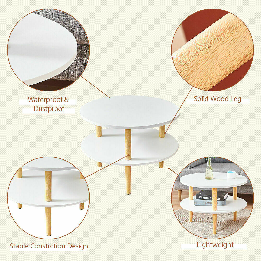 2 Tier Coffee/Tea Table Side End Tables Living Room Sofa Storage Round Wooden