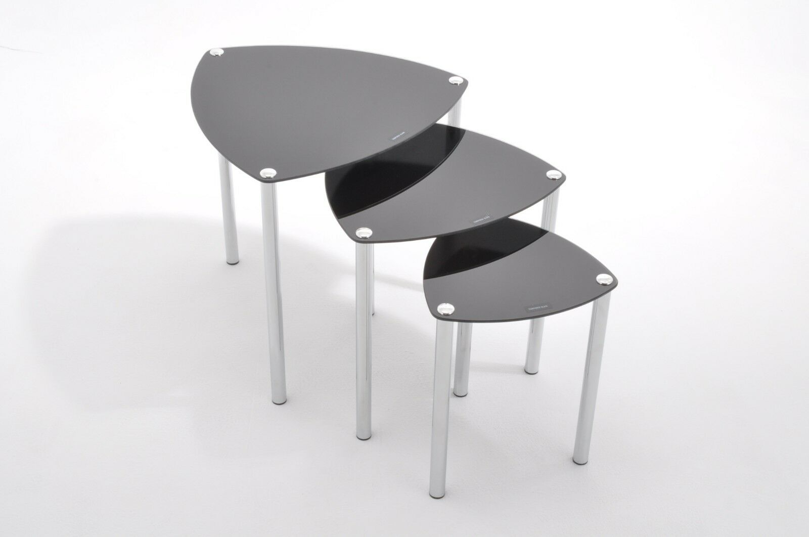 SET OF 3 NESTING TABLES/END SIDE TABLE-Black Glass,Chrome Legs -