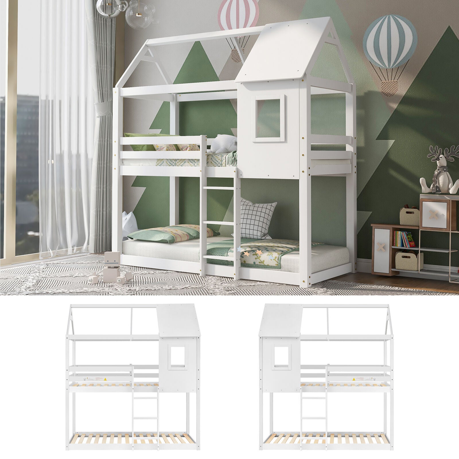3FT Single Bunk Bed Treehouse Wooden Frame Kids Sleeper Pine House Canopy HT