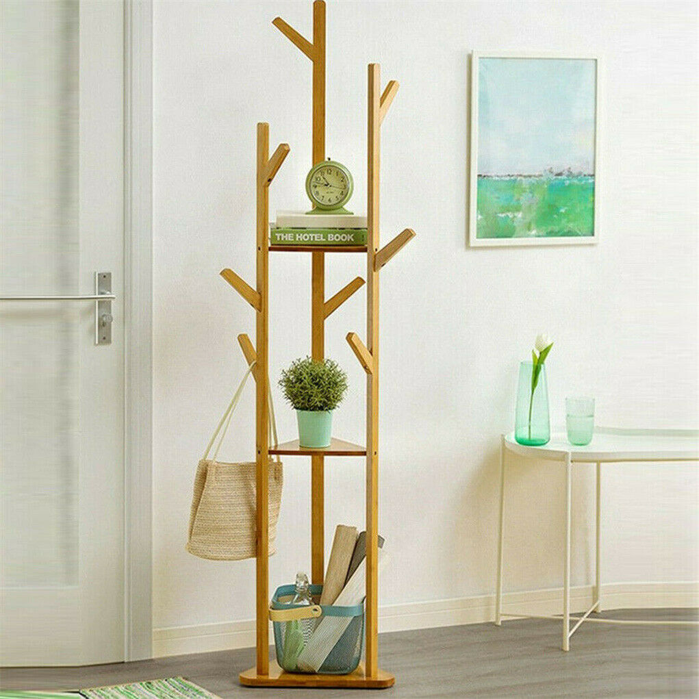 Natural Bamboo Coat Rack Stand Clothes Hanger Hat Jacket Bag Umbrella Scarf Hook