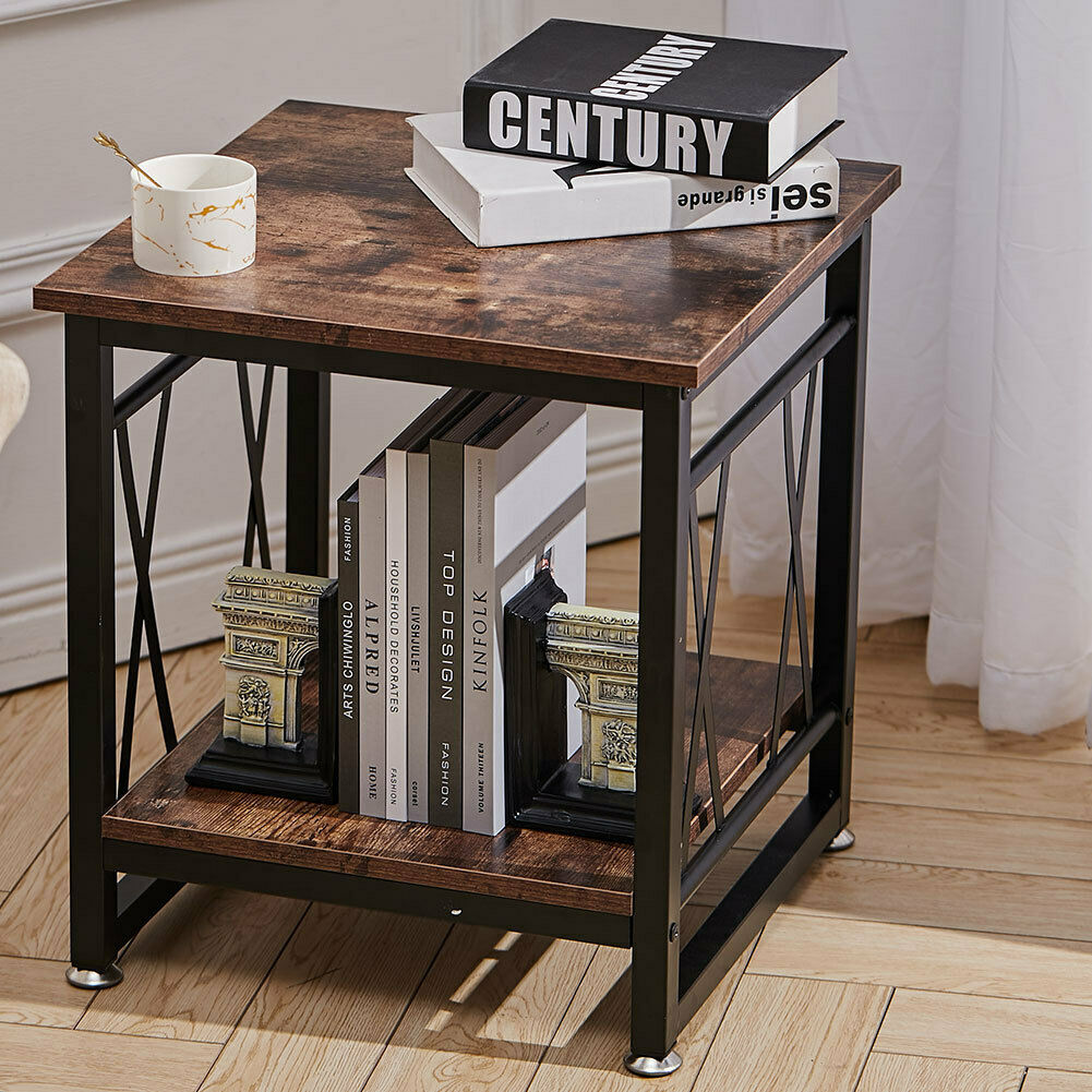 2 Tier Side End Table Industrial Rustic Wood Metal Bedside Nightstand Lamp Table