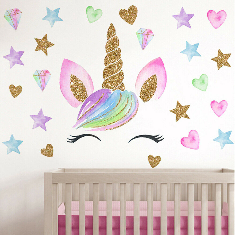 HIGH QUALITY UNICORN HEAD Wall Stickers Rainbow Decor Cute Pink Nursery Kid Room