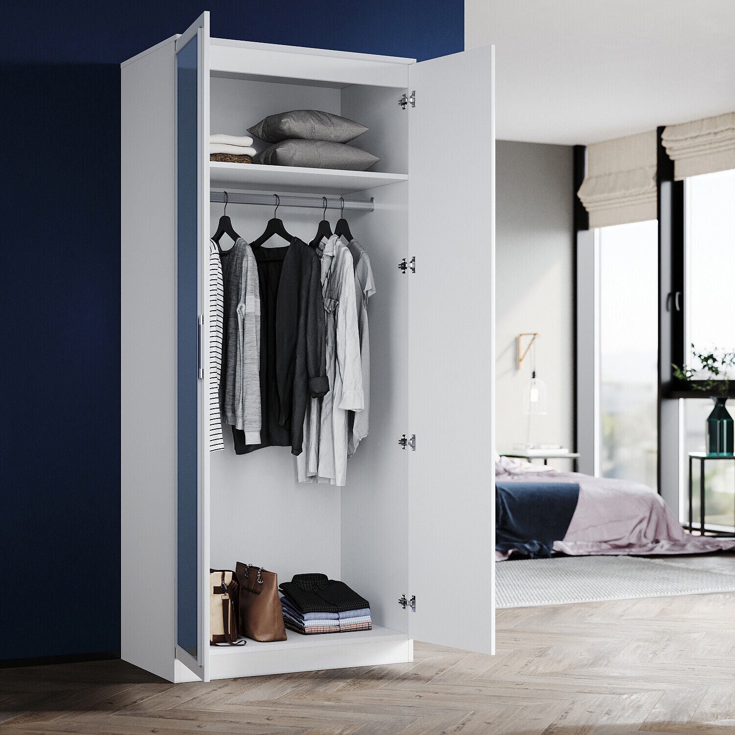 High Gloss 2 Door Wardrobe Bedroom Furniture Storage with Mirror Hanging Rail