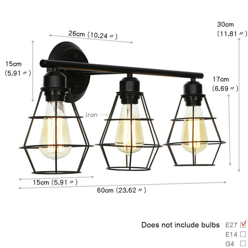 3-Light Industrial Bathroom Vanity Light Metal Wire Cage Wall Sconce Wall Lamp