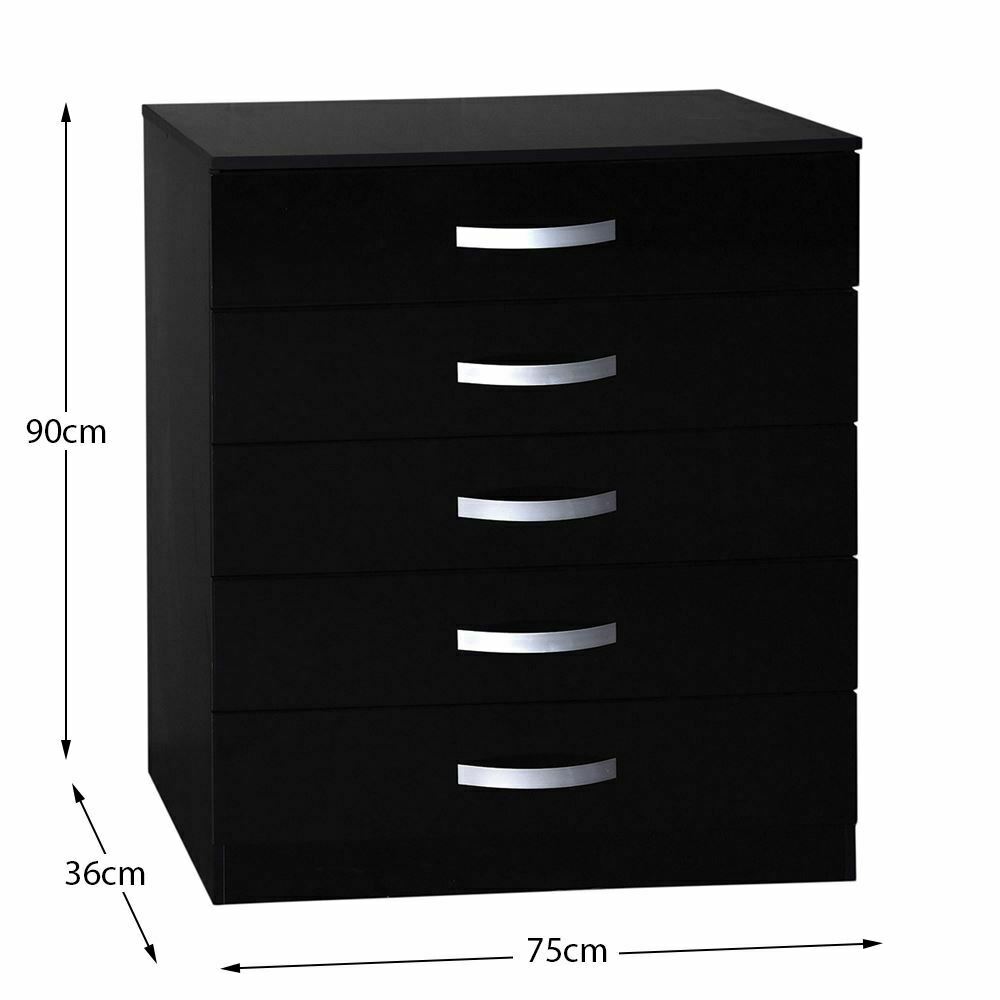 Drawer Chest 5 Drawers High Gloss Wood Storage Bedroom Furniture Black