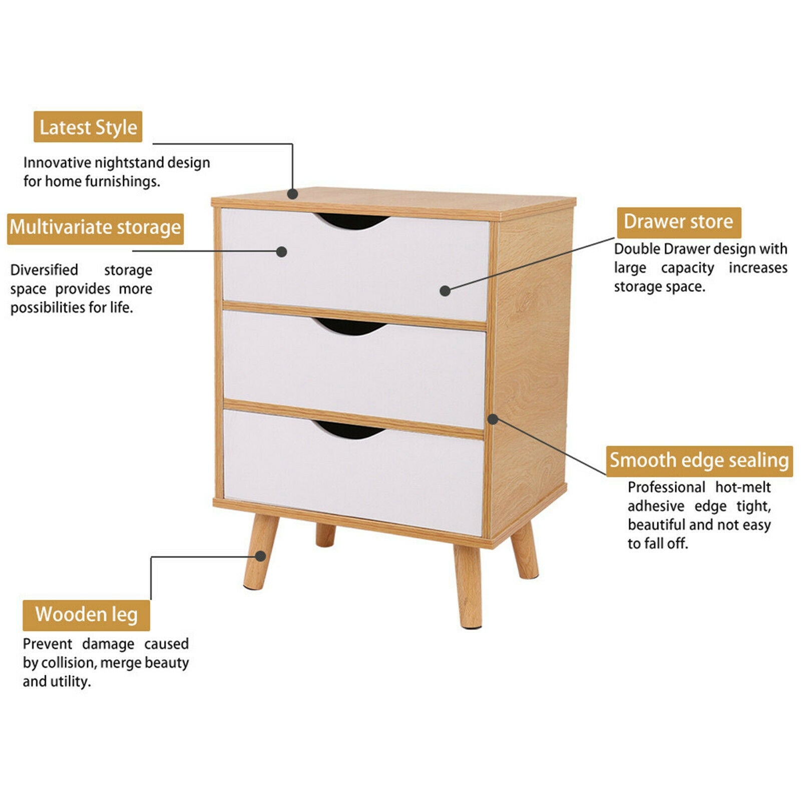 3 Drawer Wooden Bedroom Bedside Cabinet Furniture Storage Nightstand Side Tables