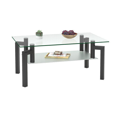 Rectangle Glass Coffee Table With Storage Shelf Modern Living Room Furniture HN