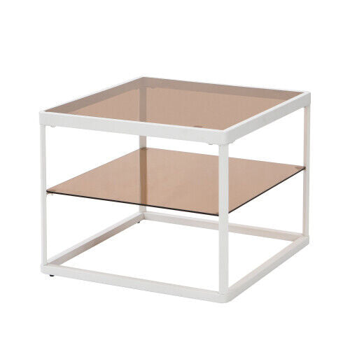 LED Nesting Coffee Tables Set of 2 Glass Top Side End Tables with Metal Frame HT