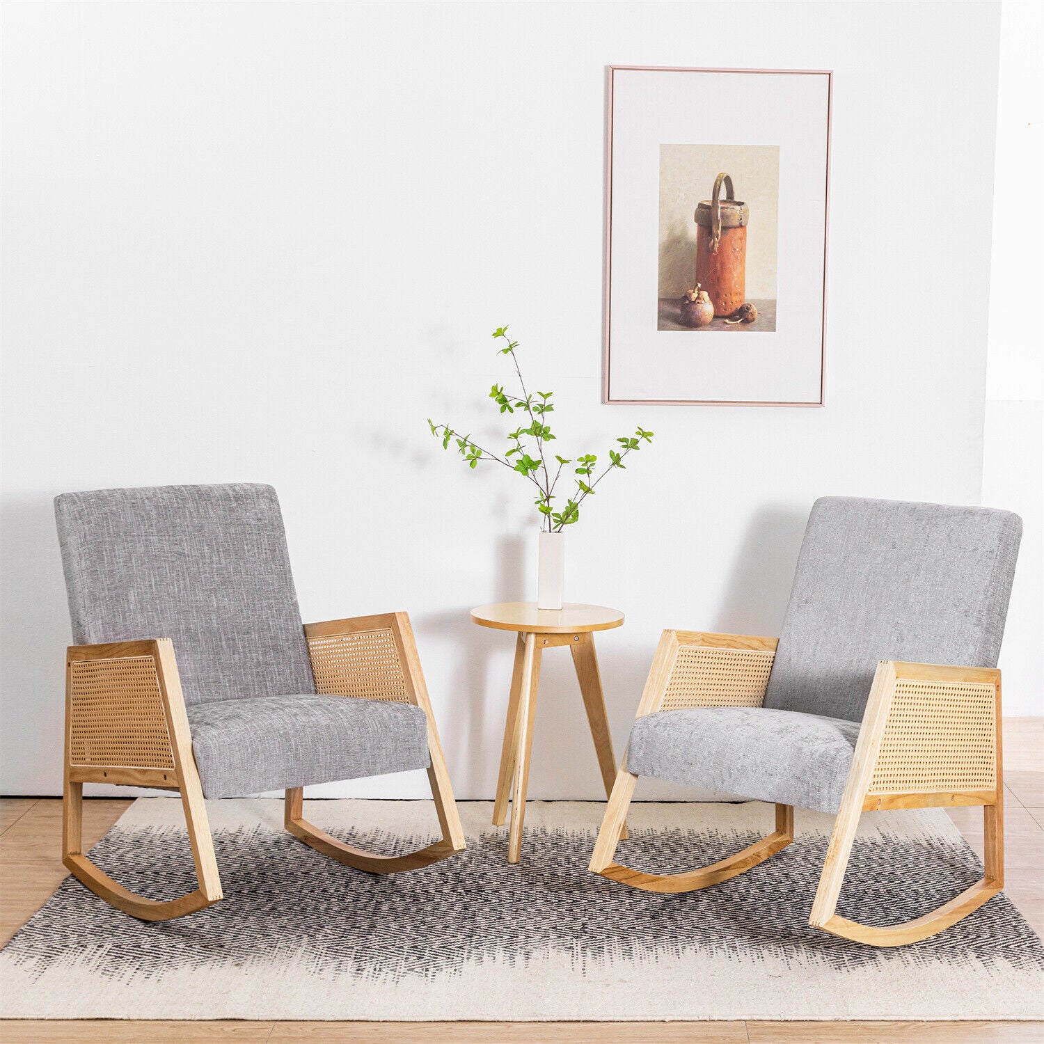 2 Pcs Rocking Chair Lounge Armchair Solid Wooden Frame Sofa Upholstered Chair