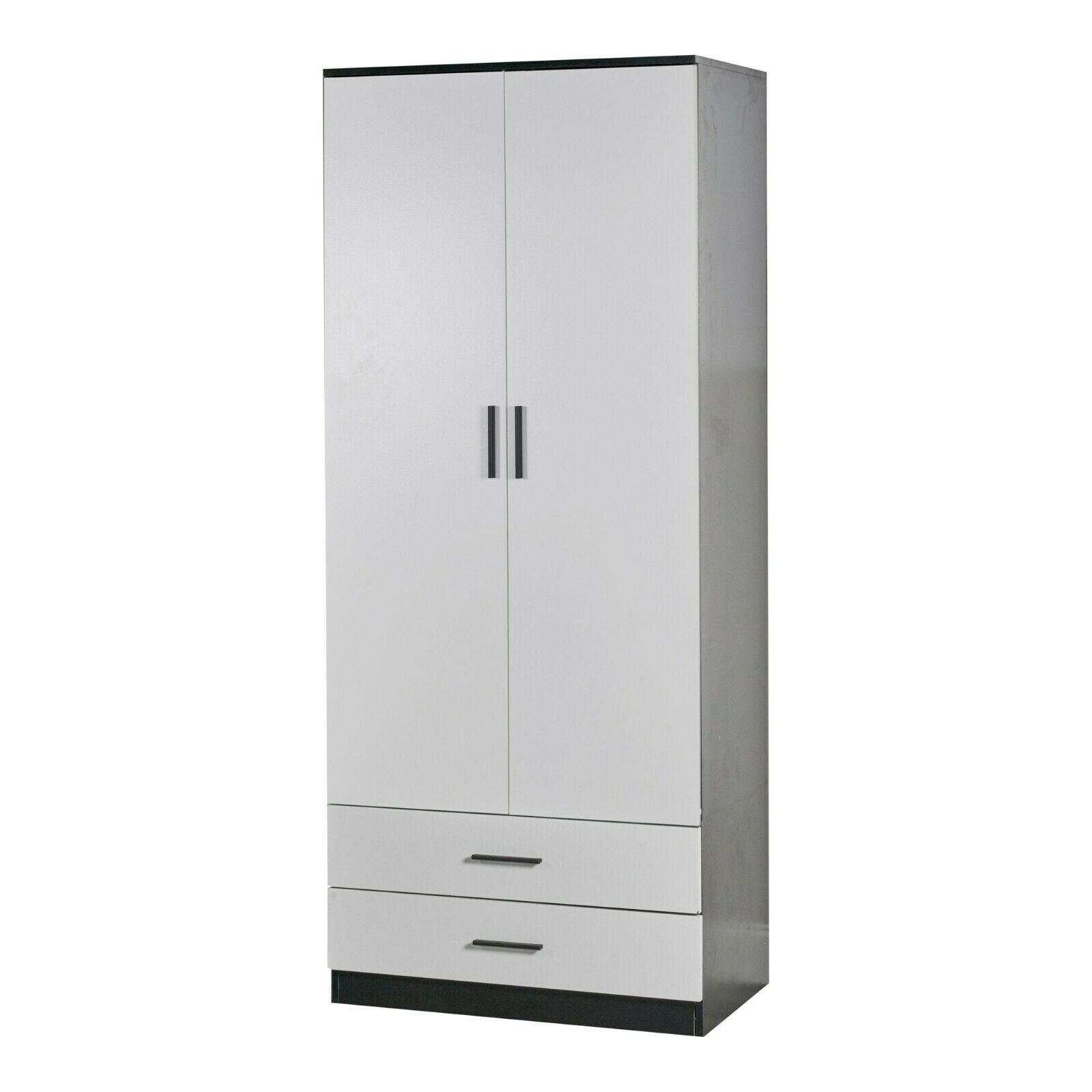 Tall Wooden 2 Door Wardrobe With 2 Drawers Bedroom Storage Hanging Bar Clothes