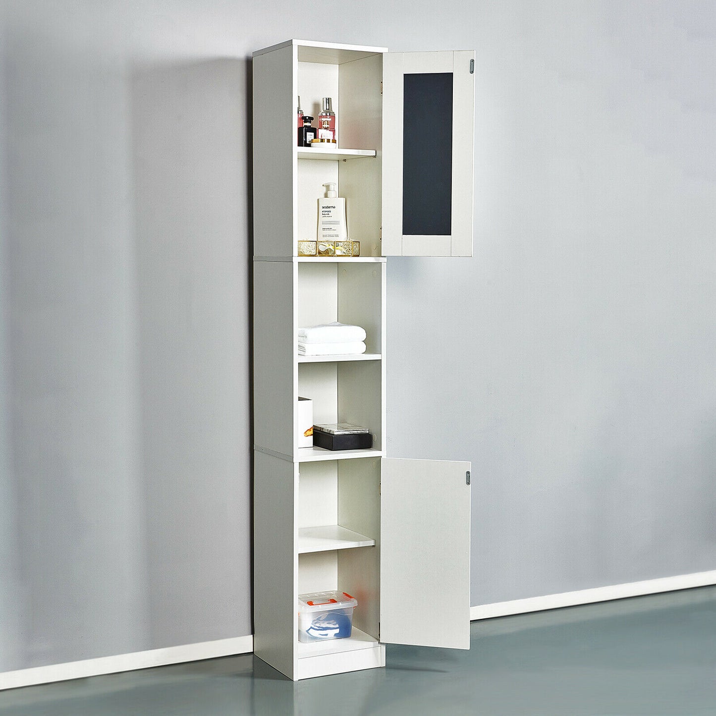 Bathroom Cabinet Shelf Mirror Door Tallboy Cupboard Unit Storage White 180 CM