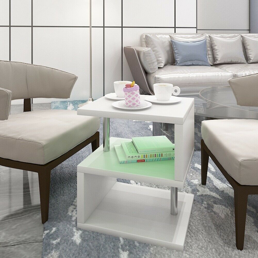 White High Gloss Coffee Table RGB LED Lights Wooden S-Shape Side Table Furniture