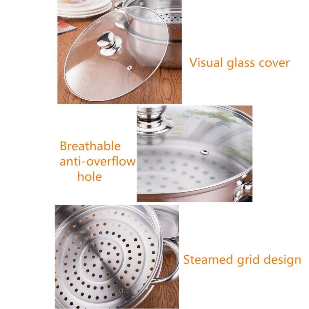 3 TIER INDUCTION HOB STAINLESS STEEL 28CM STEAMER POT PAN COOKER SET GLASS LID