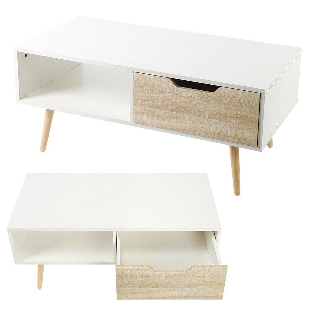 2 Tier Modern Coffee Table Rectangle Wood Living Room Storage Shelf 1 Drawer