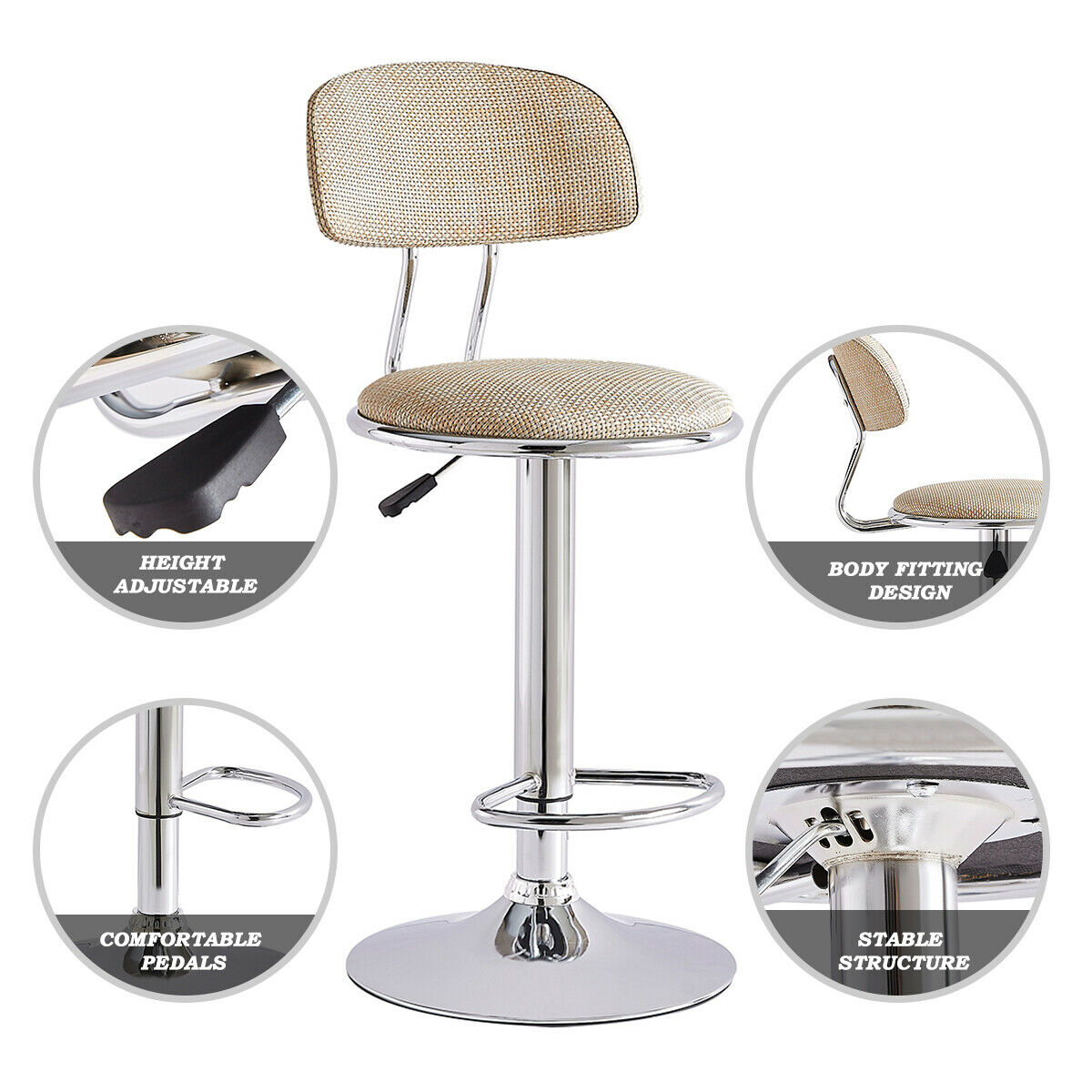 Bar Stools x2 Beige Swivel Barstools Gas Lift Rest Pub Chairs Kitchen Breakfast