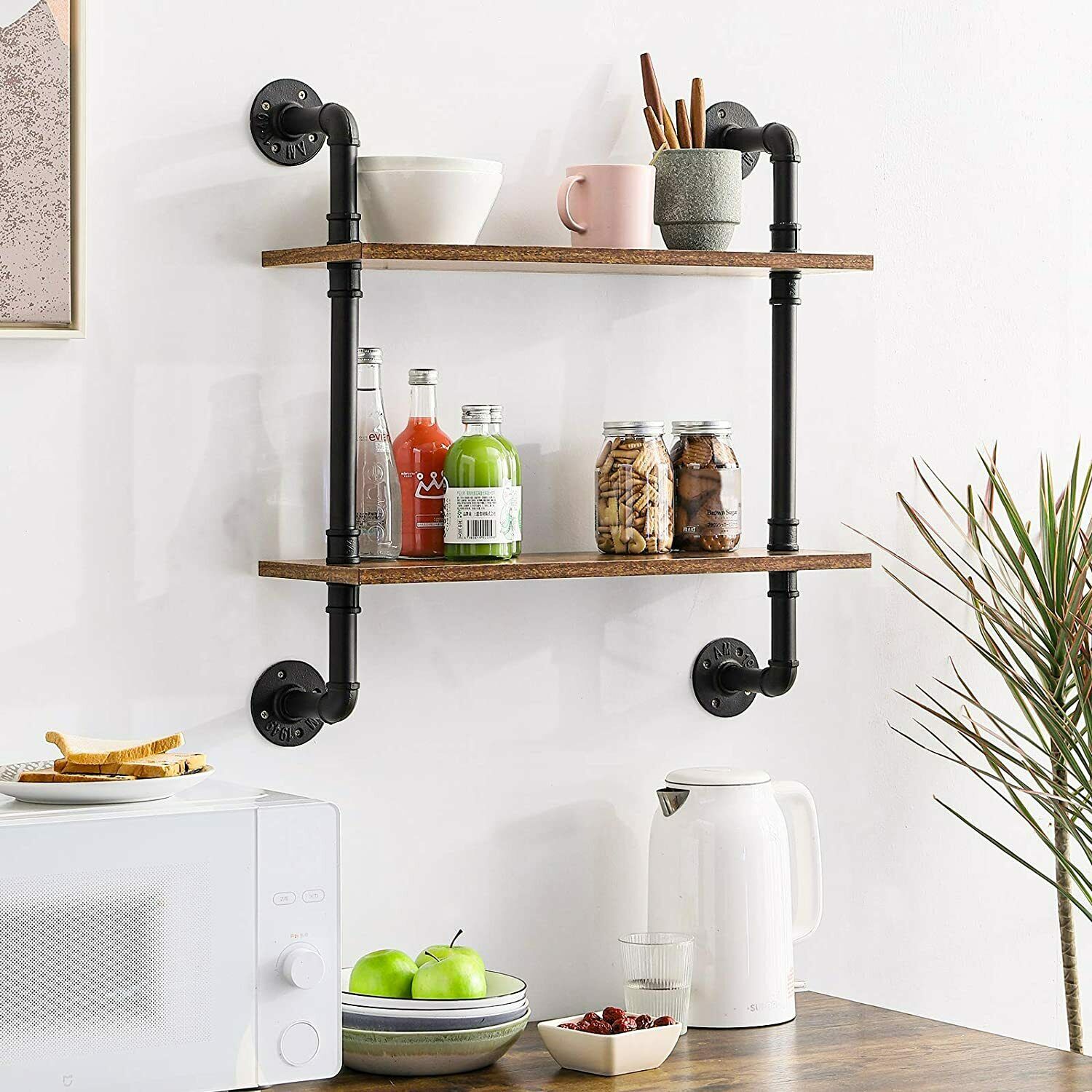 2 Tiers Industrial Floating Iron Pipe Shelf Retro DIY Wall Mounted Bracket